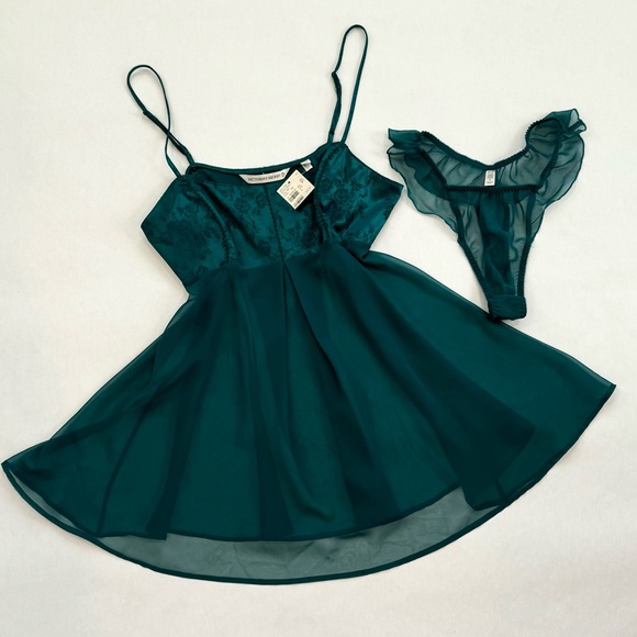 Victoria's Secret Other - 90s Victoria’s Secret Stretch Satin Vintage Green Babydoll Slip Dress 2PC NWT M